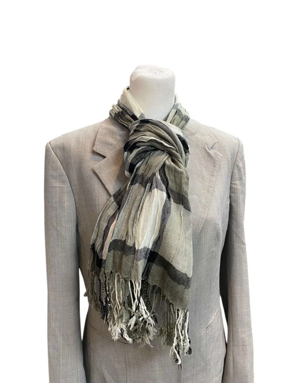 PLAID Scarf lightweight gauzy black gray white bottom fringe